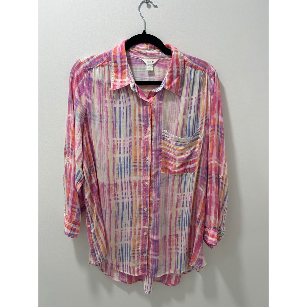 Intro Womens 1X Pink Abstract Plaid Modal Roll Tab Sleeve Button Down Shirt